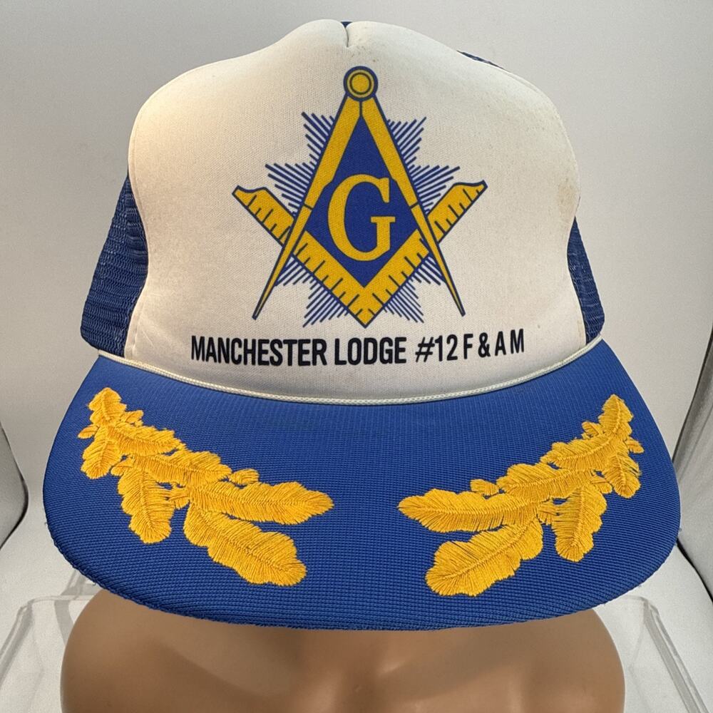Vtg 80s Freemasons Snapback Trucker Hat Gold Lauren Brim Polyester Manchester